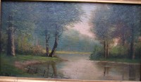 Картина старинная в массивной рамке пейзаж Река (M551)