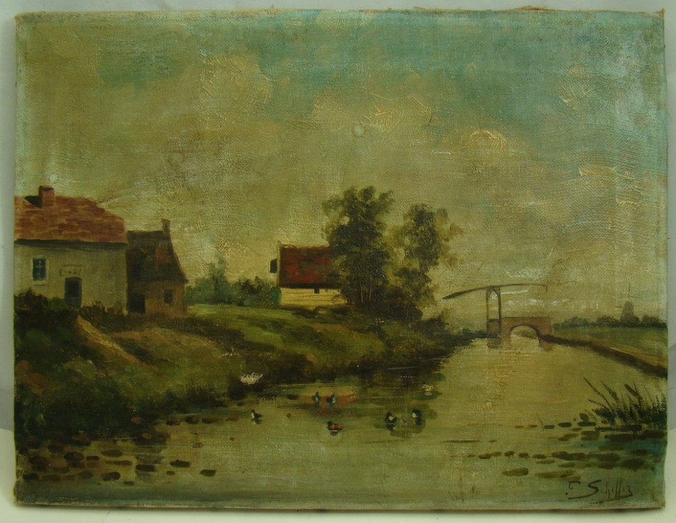 Картина старинная пейзаж Река (M178)