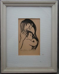 Картина линогравюра старинная Мать и дитя (Y440)