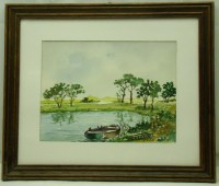 Картина акварель винтажная Лодка у берега (W446)