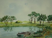 Картина акварель винтажная Лодка у берега (W446)