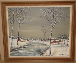 Картина винтажная пейзаж Зимняя река (W616)