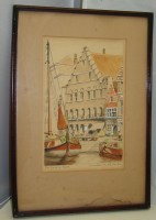 Картина старинная акварель Дом г. Гент (Y966)