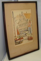 Картина старинная акварель Дом г. Гент (Y966)