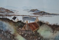 Картина акварель зимний пейзаж винтажная (W082)